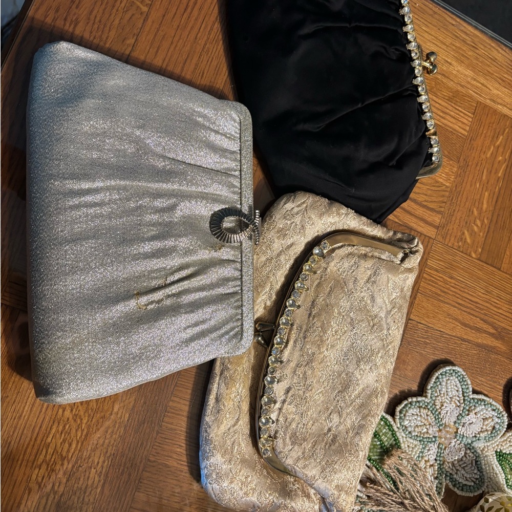 True Antique-From 1950s-Elegant Silver and Black Evening Clutch Set.